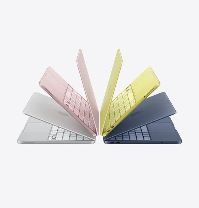 MacBook Neo nas cores prateado, blush, amarelo-cítrico e índigo
